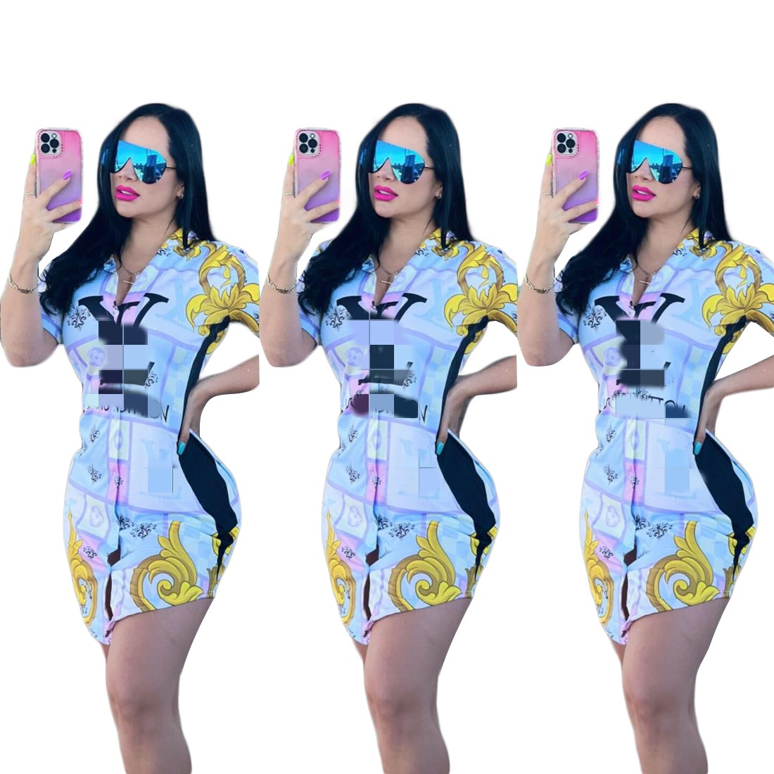 2023 Spring Shirt Dress Women Lapel Neck Short Sleeve Above Knee Mini Dresses Free Ship