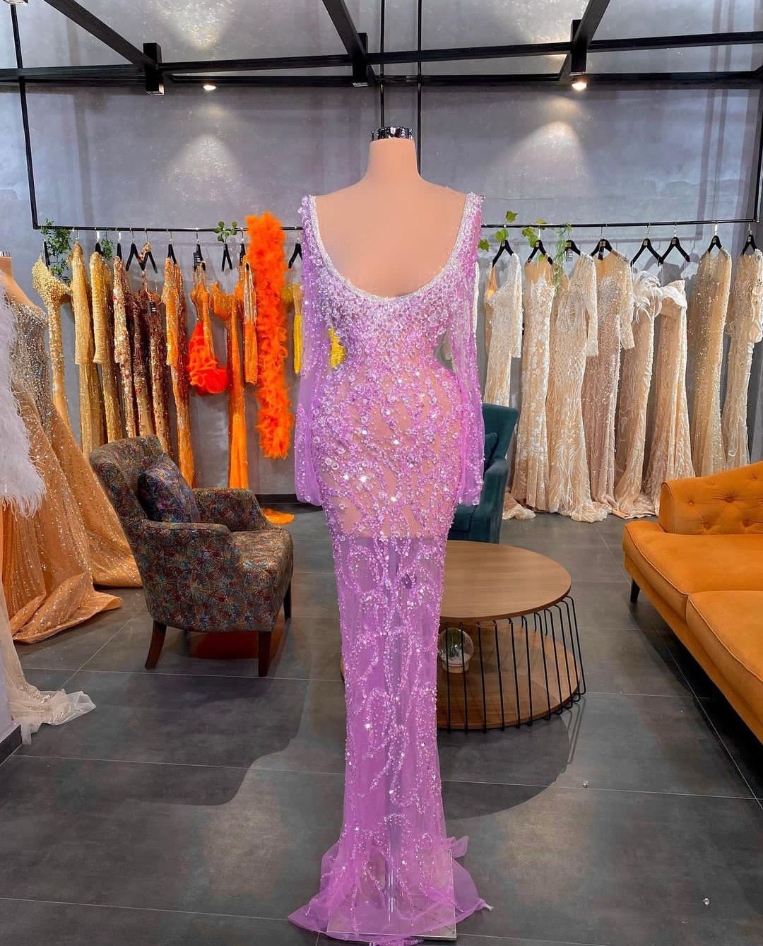 Prom Purple Long Sleeves V Neck Dias Appliques Shiny Sequins Beaded Or Length Celebrity Formal Hollow Sexy Evening Dresses Plus Size Custom Made Lz030