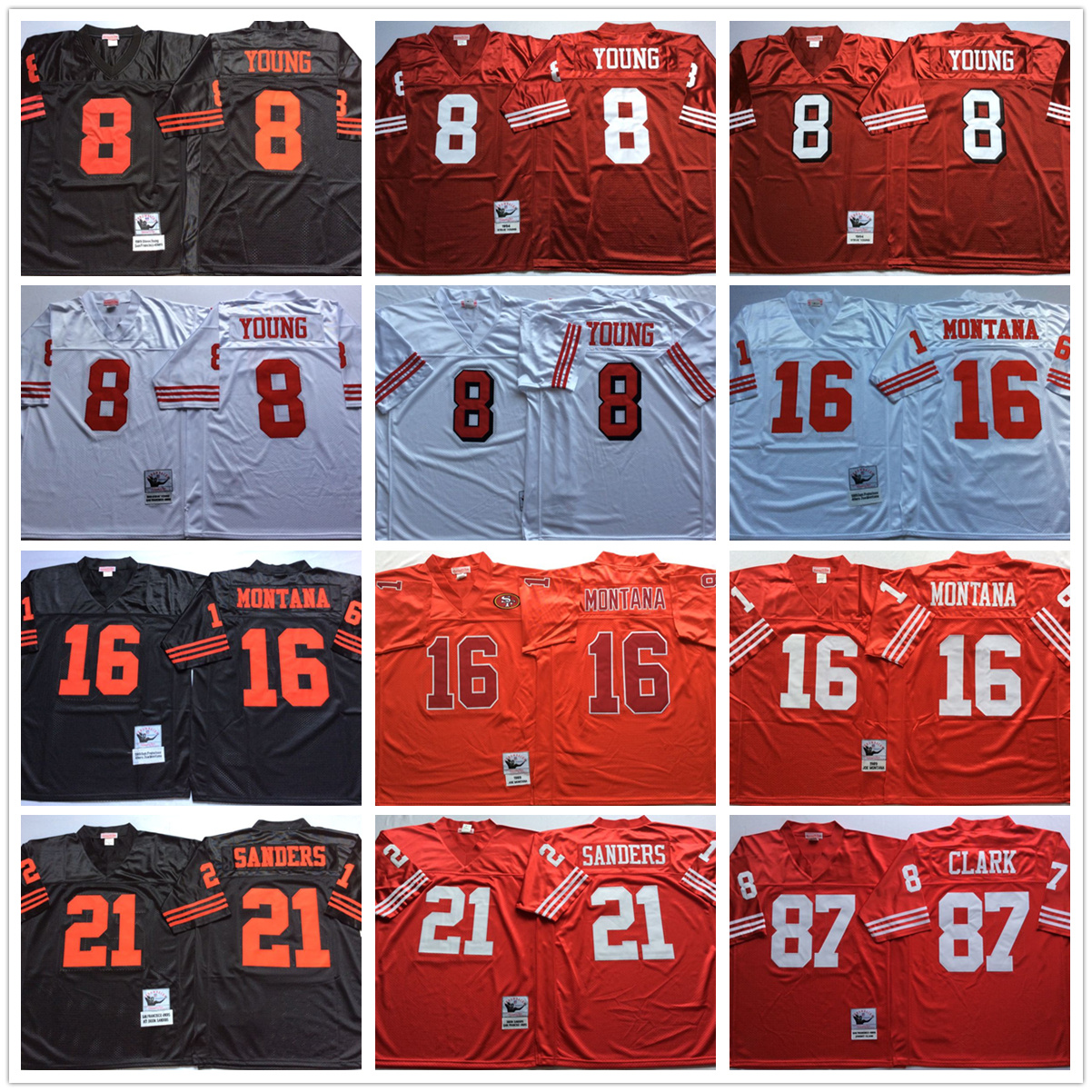 Vintage Football Jerseys 8 Steve Young 16 Joe Montana 21 Deion Sanders 87 Dwight Clark Stitched Shirts