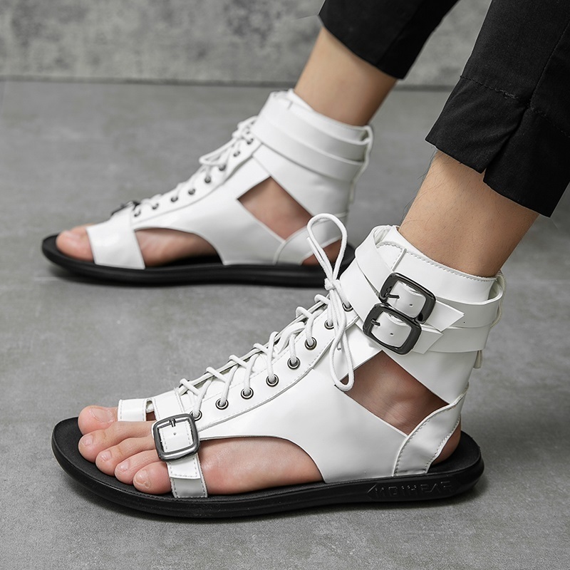 Summer Sandals for Men - Breathable Leather Lace-up Buckle Gladiator Casual Beach Shoes, Black, White, Plus Size