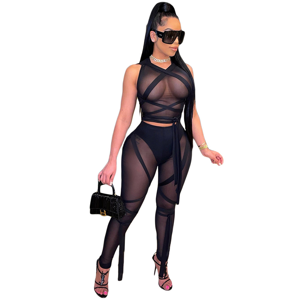 NEW Designer Outfits Women Mesh Tracksuits Two Piece Sets Summer Bandage Sheer Shirt Top and Mesh Leggings Sexy Night Club See Through Clothes 9226