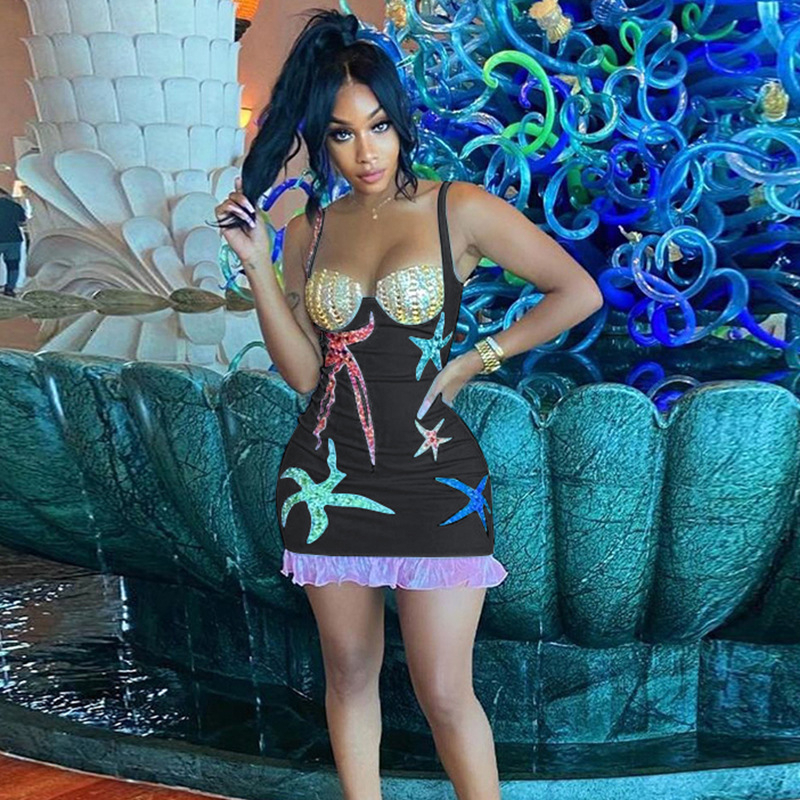 Party Dresses Adogirl s Starfish Print Padded Mini Dres Sexy Spaghetti Straps Ruffles Stitching Bodycon Clubwear Skirts 230105
