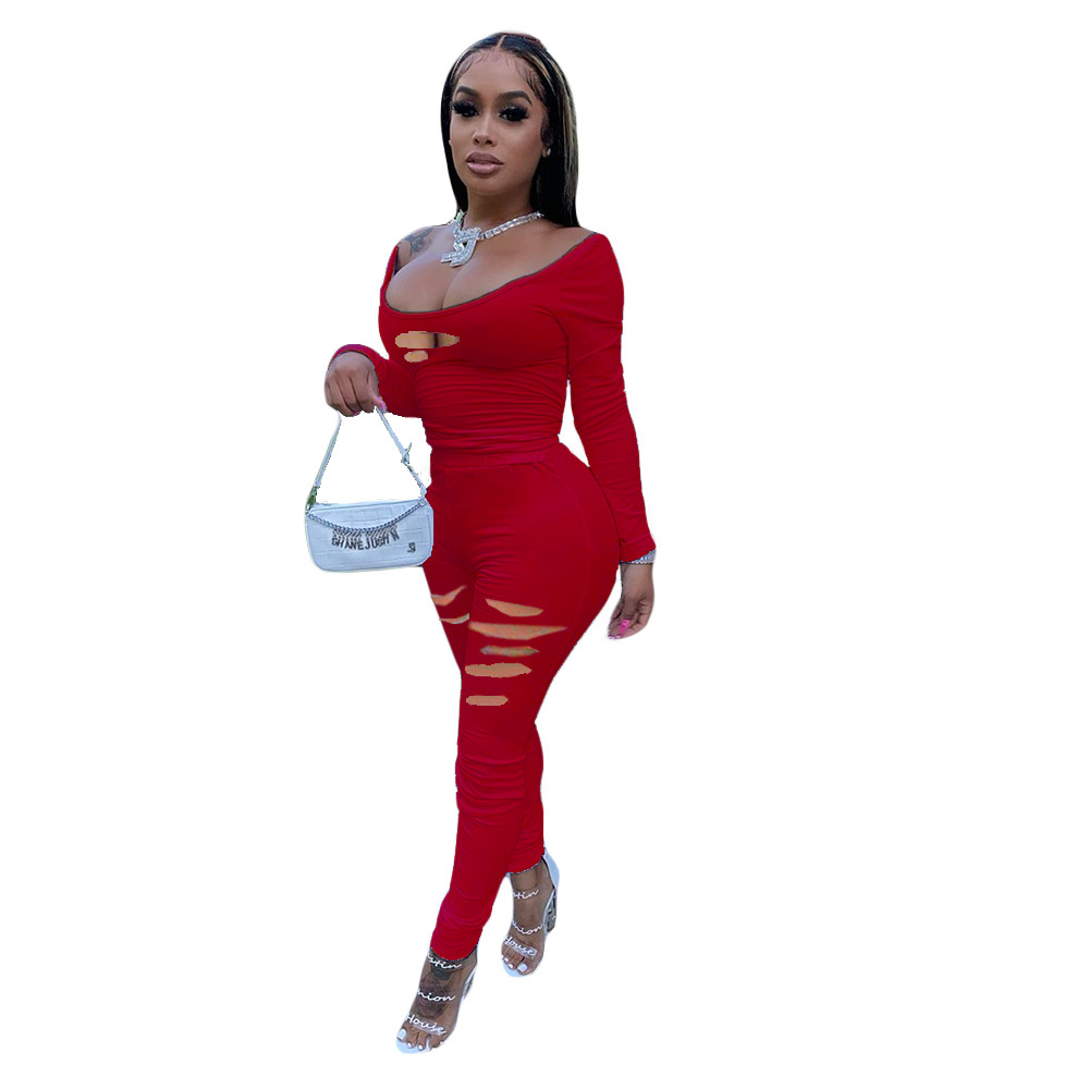Designer Two Piece Sets Womens Tracksuits Spring Ripped Outfits Long Sleeve Pullover Sweatshirt Top and Holes Pants Casual Outwork Sportswear Wholesal