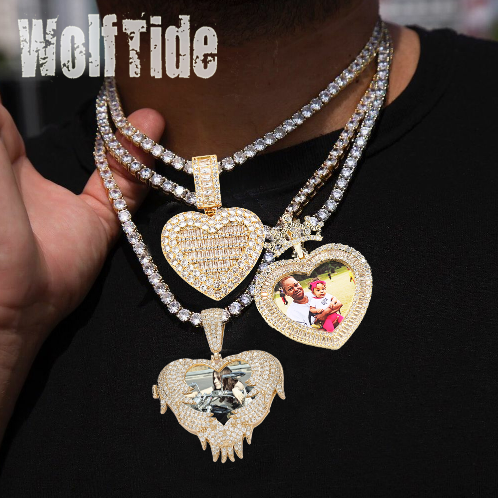 Custom Photo Love Heart Pendant Necklace Bling Cubic Zirconia Hip Hop 18K Gold Plated Personalized DIY Picture Wolf Tide Jewelry Bijoux Gifts for Coup