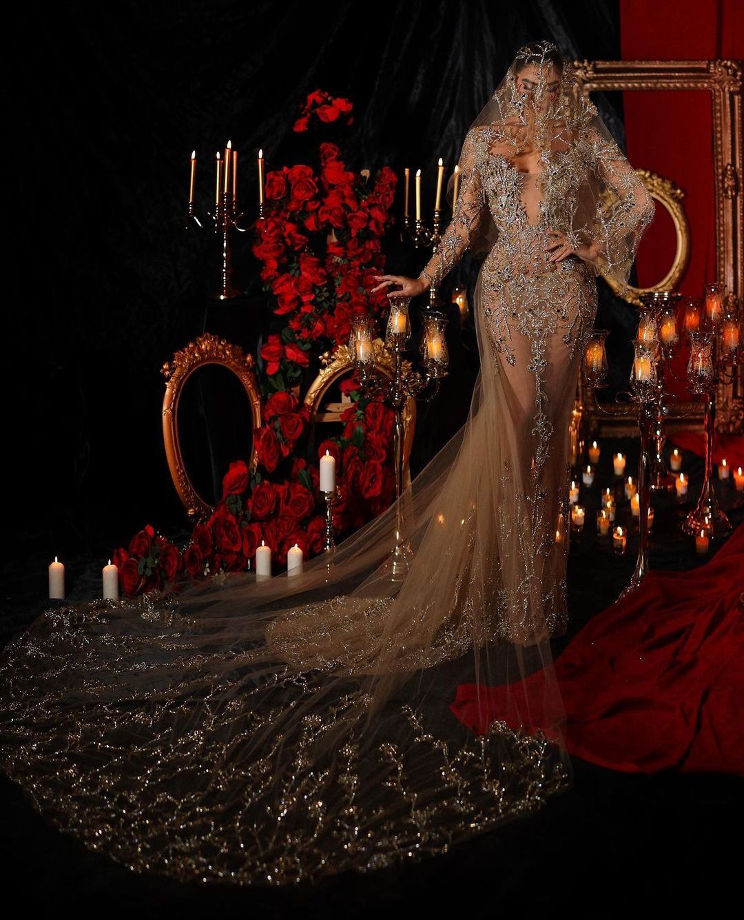 Champagne Mermaid Wedding Dresses Long Sleeves V Neck 3D Lace Appliques Sequins Pearls Beaded Sexy Dis or Length Plus Size Bridal Gowns abiti da sposa
