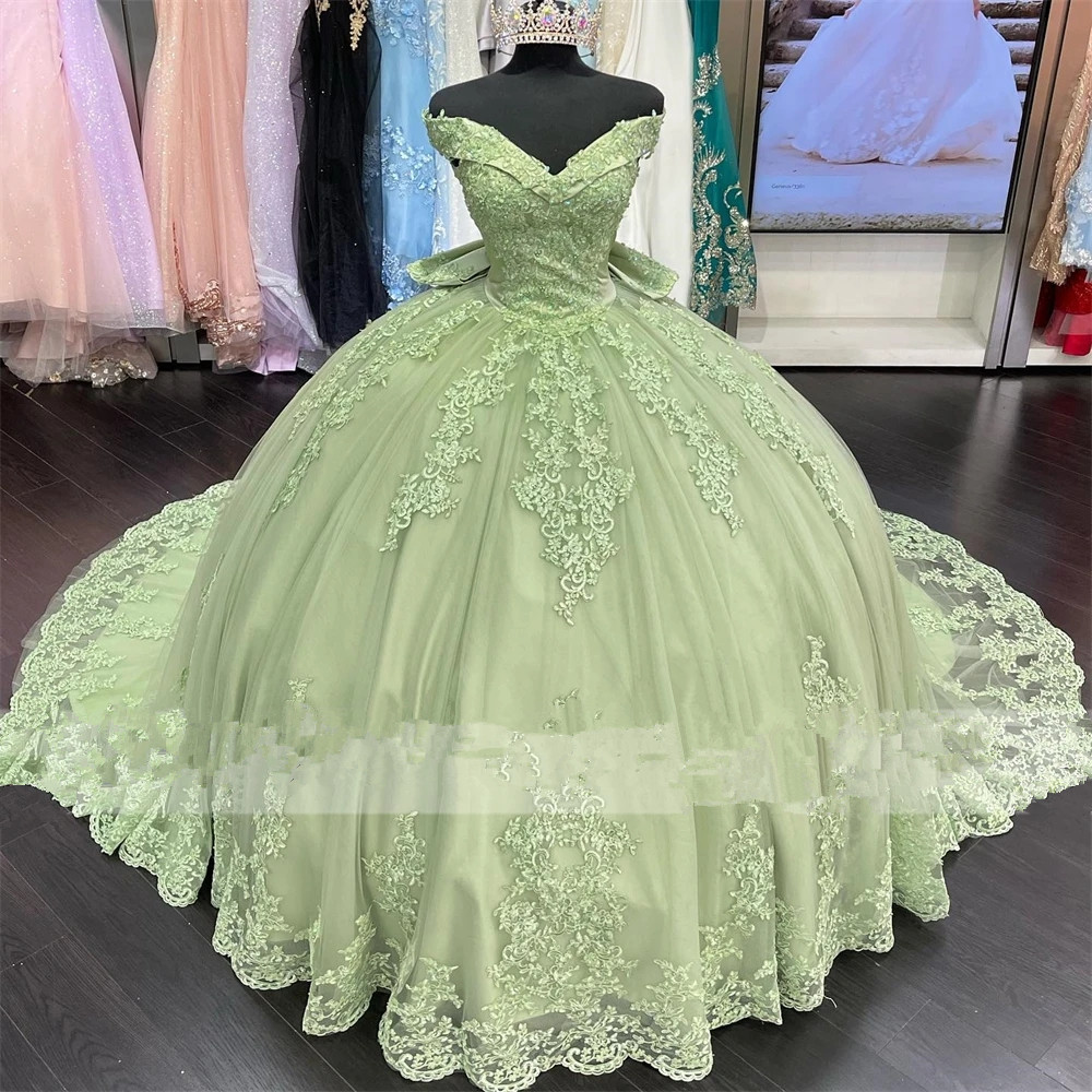 Sage Green princess Quinceanera Dresses Lace-up corset applique 3D big Bow Off Shoulder Prom vestidos de 15 quinceanera