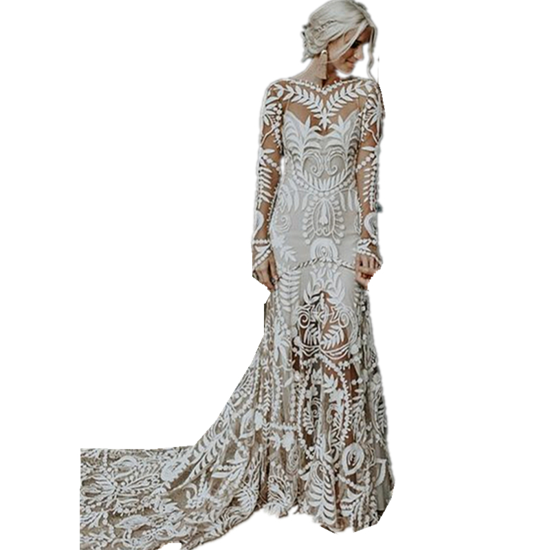 Country Lace Mermaid Wedding Dresses Long Sleeves Backless V-Neck Sexy Beach Bridal Gowns Champagne And Ivory Long Bohemian Bride Wear Court Train Sum