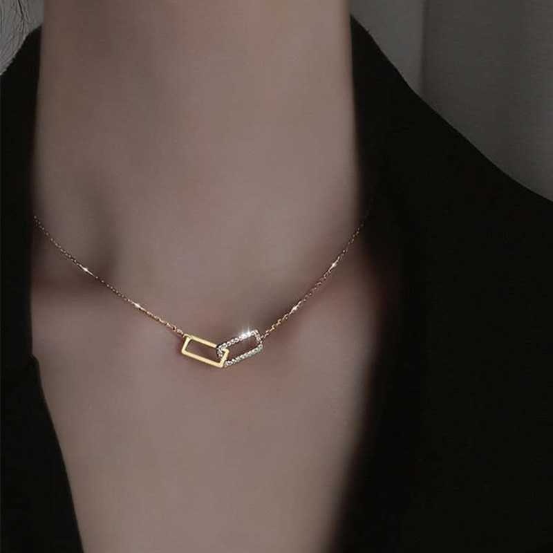 s Fashion Crysatal Pendant Golden Silver Color Square Design Women Simple Link Chain Geometric Lock Necklace 0206