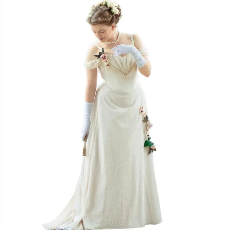 Beige Victorian a-line Wedding Dresses Pleats Beaded Straps Off Shoulder lace-up corset outdoor Reception Plus Size Vestido bridal gown