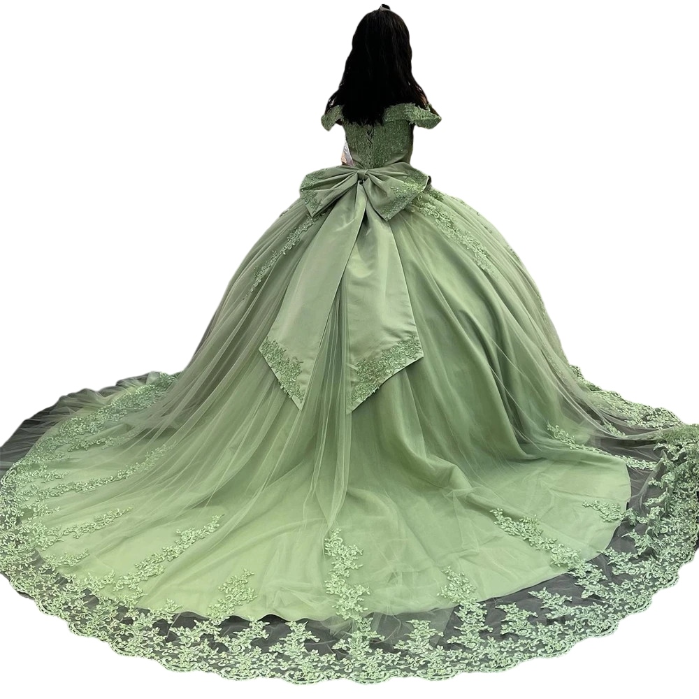 Sage Green princess Quinceanera Dresses Lace-up corset applique 3D big Bow Off Shoulder Prom vestidos de 15 quinceanera