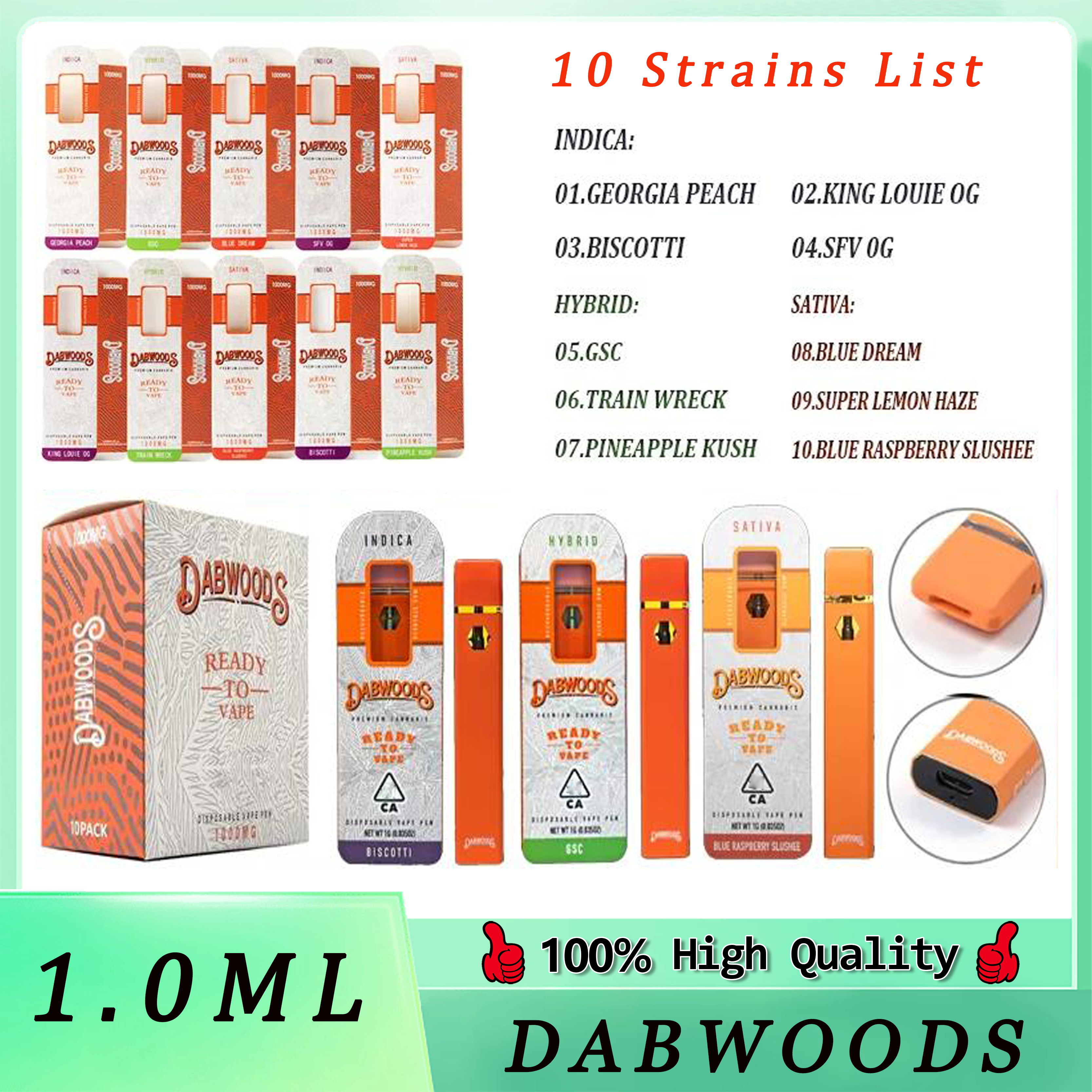 1.0ML Dabwoods Disposable Vape Pen Cigarettes 280mAh Rechargeable Battery Empty 510 Vaporizer Pens Cartridge Box Packaging Allow Customize
1.0ML Dabwoods Disposable Vape Pen Cigarettes 280mAh Rechargeable Battery Empty 510 Vaporizer Pens Cartridge Box Packaging Allow Customize
