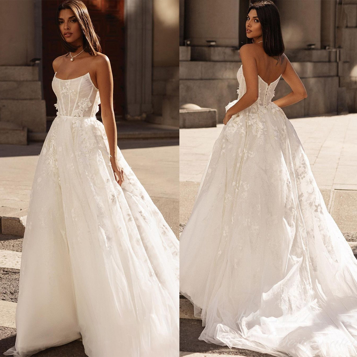 Strapless A-e Wedding Dress with 3D wers: Vestido Novia, Plus Size Bridal Gown