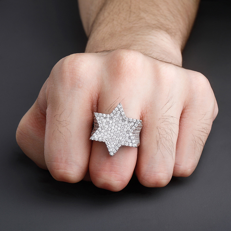 Hip Hop Mint Green Cubic Zirconia Cluster Rings TopBling Hexagon 18K Real Gold Plated Men's Finger Rap Ring