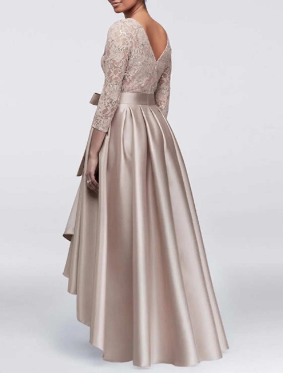 High Low Mother of the Bride Dress Champagne Wedding Guest Party Gowns Plus Size Elegant Jewel Satin Lace 3/4 Sleeves with Sash Satin