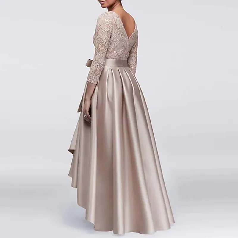 High Low Mother of the Bride Dress Champagne Wedding Guest Party Gowns Plus Size Elegant Jewel Satin Lace 3/4 Sleeves with Sash Satin
