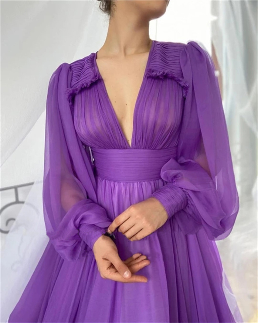 Elegant Purple Silk Chiffon Prom Dresses Long Puff Sleeves A e V Neck Draped Top Empire Simple Evening Gowns