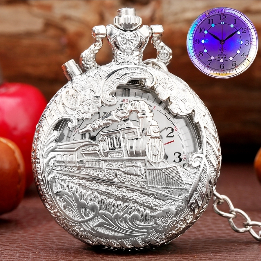 Pocket Watches Luminous LED Light Arabic Numerals Display Bronze Train Locomotive Engine Quartz Pocket Watch Retro Punk Pocket Chain Clock 230208