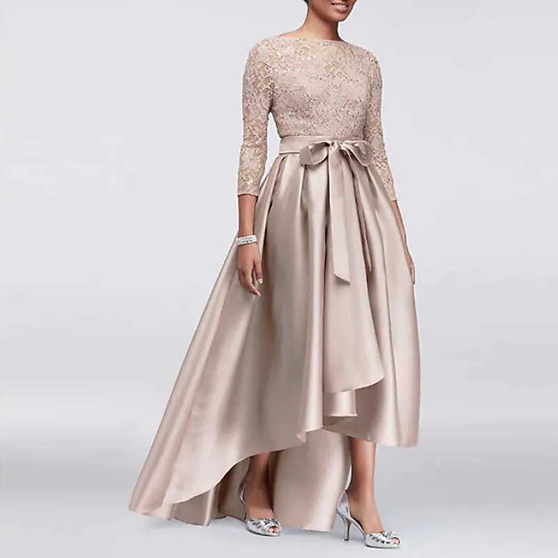 High Low Mother of the Bride Dress Champagne Wedding Guest Party Gowns Plus Size Elegant Jewel Satin Lace 3/4 Sleeves with Sash Satin