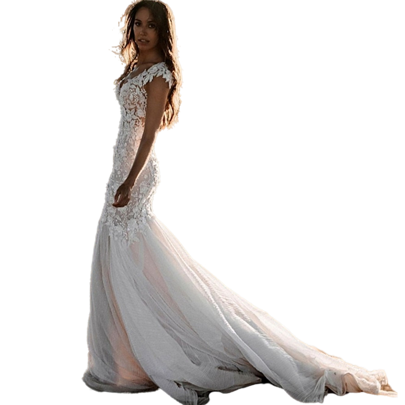 Bohemian Lace Mermaid Wedding Dresses V-Neck Backless Long Country Bridal Gowns Floral Applique Summer Beach Bride Dress Custom Made
