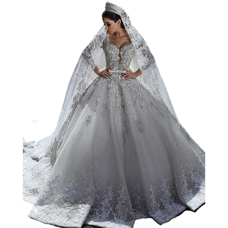 Luxury Duabi Wedding Dress Long Sleeves Lace Applique V-neck Crystals Beaded Long Bridal Ball Gown Vestido De Novia Gorgeous Chapel Bride Dresses