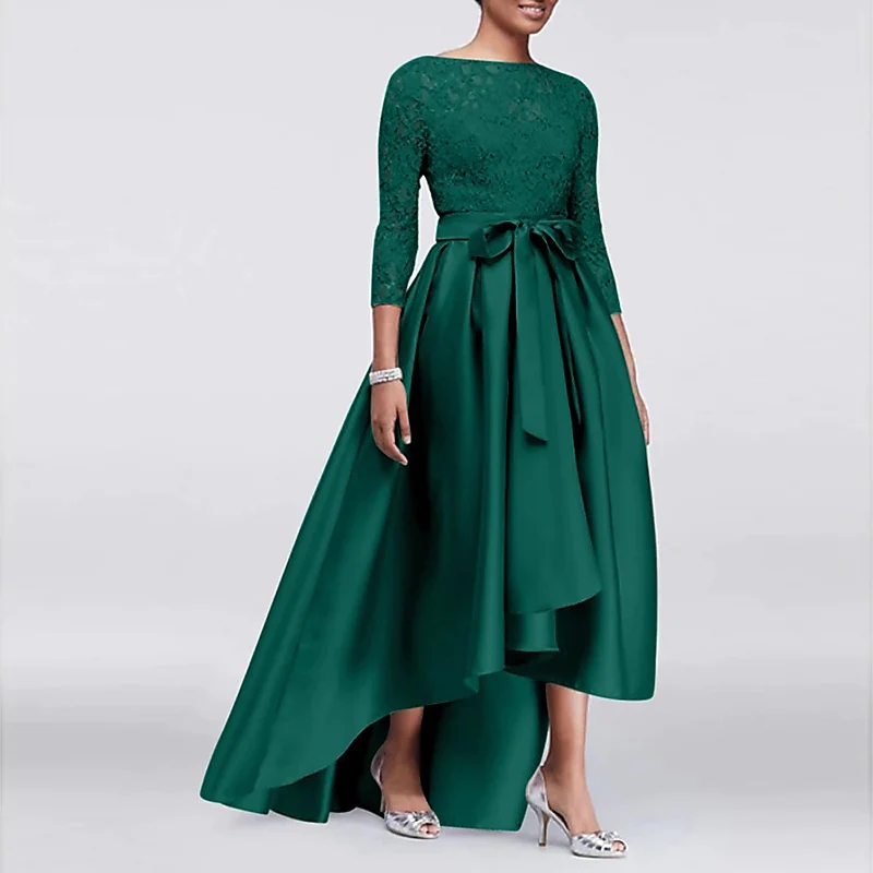 High Low Mother of the Bride Dress Champagne Wedding Guest Party Gowns Plus Size Elegant Jewel Satin Lace 3/4 Sleeves with Sash Satin