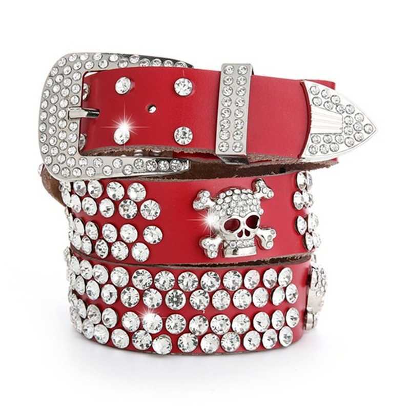 Belts 2022 Vintage Rhinestone Skull Leather Belts Wide Buckle Belt Cow Skin Strap Female Jeans Waistband women belt G230207