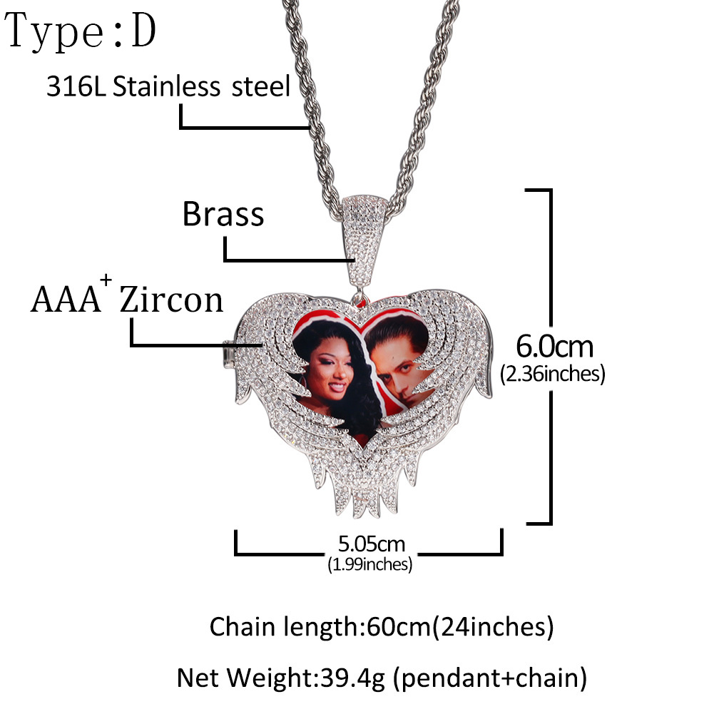 Custom Photo Love Heart Pendant Necklace Bling Cubic Zirconia Hip Hop 18K Gold Plated Personalized DIY Picture Wolf Tide Jewelry Bijoux Gifts for Coup