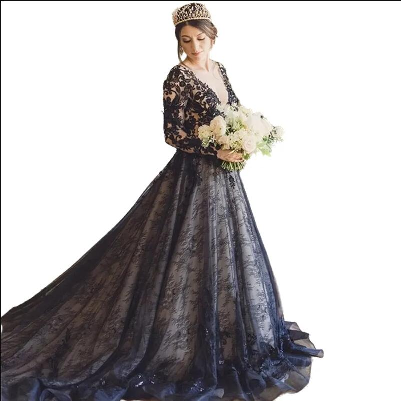 Gothic Black Lace A Line Wedding Dresses Long Sleeves V-Neck Backless Garden boho Bridal Gowns Appliqued Vestido De Novia