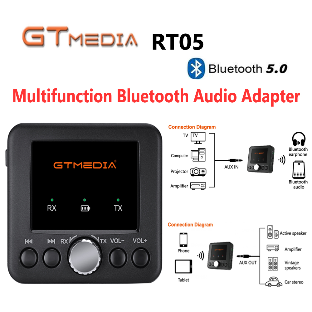 GT MEDIA RT05 2 IN 1 Bluetooth 5.0 Receiver and Transmitter Audio Adapter Compatible with Phone, Tablet,Car,Computer,TV,Speaker