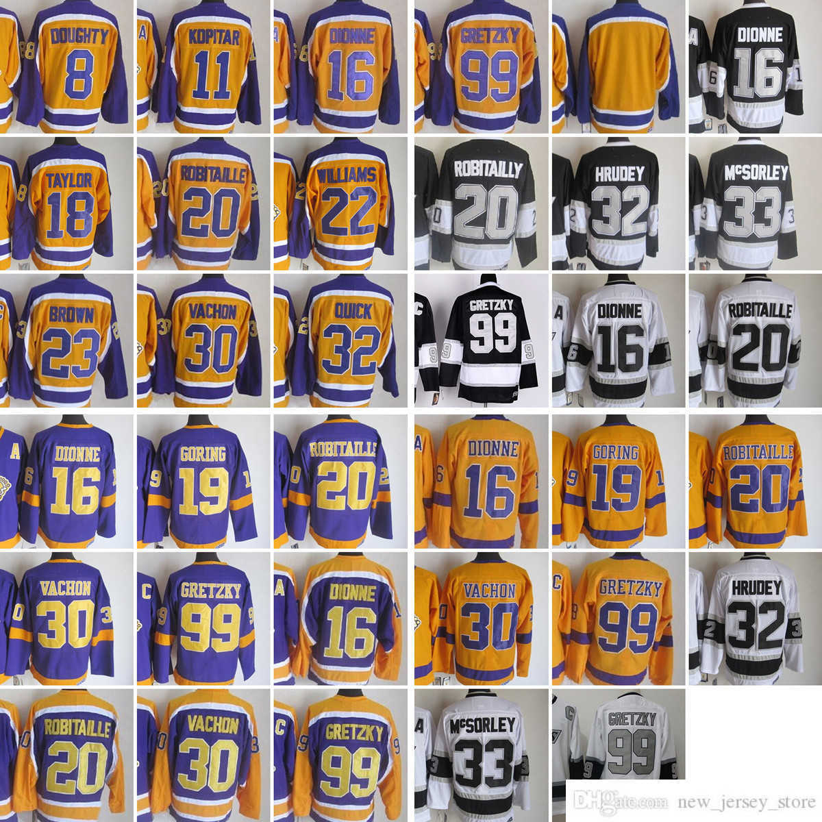1967-1999 Movie Retro CCM Hockey Jersey Embroidery 99 Gretzky 8 Doughty 11 Anze Kopitar 16 Dionne 18 Taylor 19 Butch Goring 20 Robitaille 23 Brown 30 Vachon 32 Quick, Same as picture (with team name)
1967-1999 Movie Retro CCM Hockey Jersey Embroidery 99 Gretzky 8 Doughty 11 Anze Kopitar 16 Dionne 18 Taylor 19 Butch Goring 20 Robitaille 23 Brown 30 Vachon 32 Quick, Same as picture (with team name)