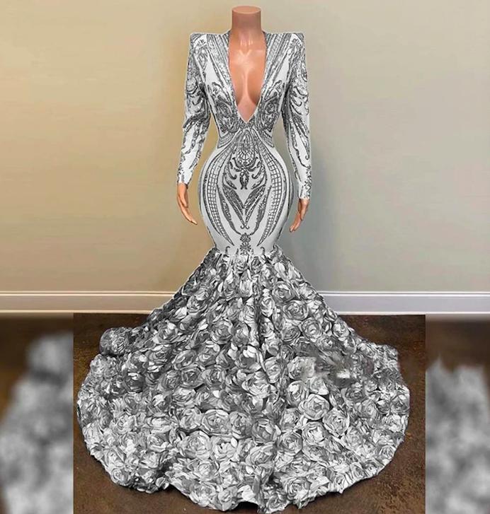 Glitter Silver 2023 Prom Dresses For Black Girls Deep V Neck Long Sleeve Evening Dress African Aso Ebi Formal Party Gown Chic Women Vestido De Fiesta 