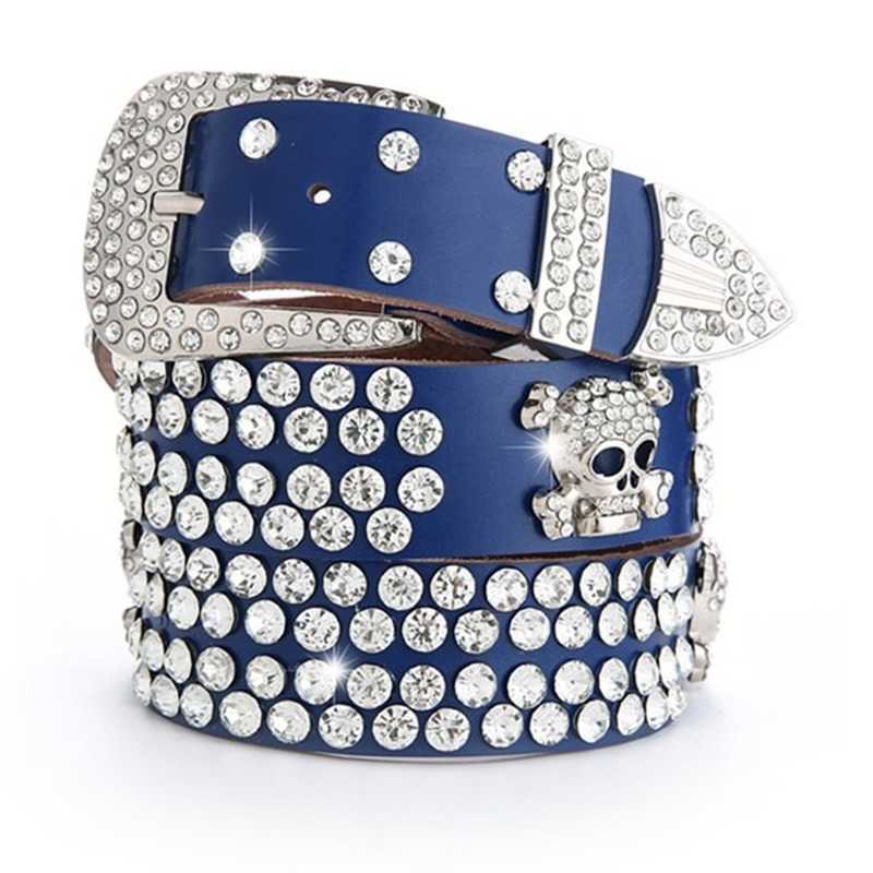 Belts 2022 Vintage Rhinestone Skull Leather Belts Wide Buckle Belt Cow Skin Strap Female Jeans Waistband women belt G230207