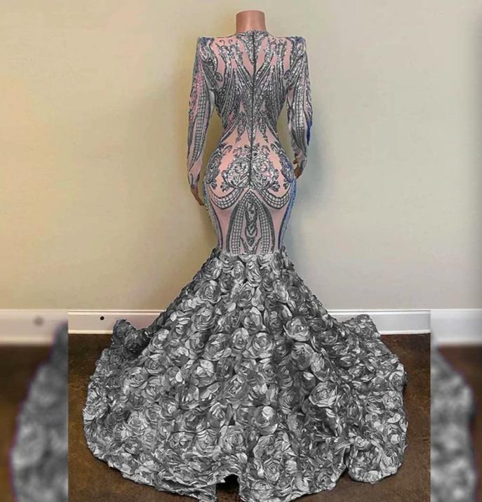 Glitter Silver 2023 Prom Dresses For Black Girls Deep V Neck Long Sleeve Evening Dress African Aso Ebi Formal Party Gown Chic Women Vestido De Fiesta 