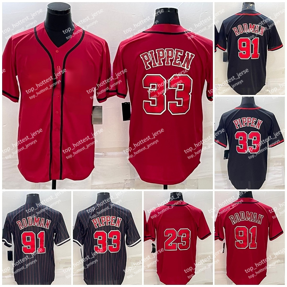 2023 New 91 Dennis Rodman Baseball Jersey 33 Scottie Pippen Red Black Pinstripe Stitched Mens Baseball Basketball Jersey
