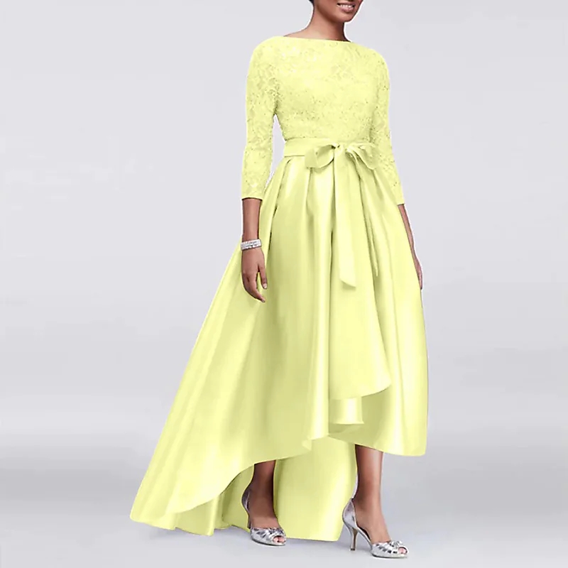 High Low Mother of the Bride Dress Champagne Wedding Guest Party Gowns Plus Size Elegant Jewel Satin Lace 3/4 Sleeves with Sash Satin