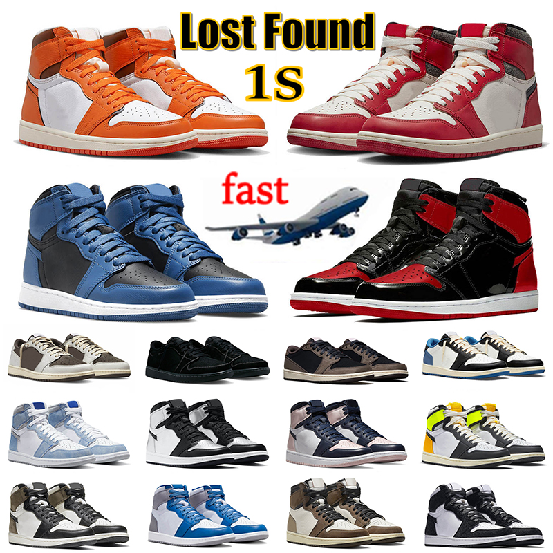 

1s Men Women Basketball Shoes Jumpman 1 OG Trainers Lost Found Starfish Dark Marina Blue Bred Patent Black Phantom Volt Gold Grey Fog Mens, 27