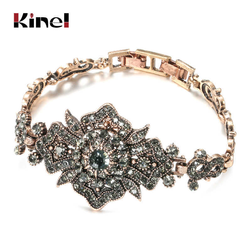 Link Chain Kinel Charm Boho Women Link Bracelet Antique Gold Color Gray Crystal Ethnic Wedding Bridal Vintage Jewelry Russia Accessories G230208