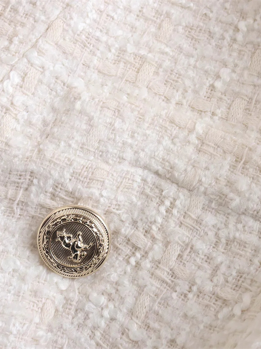 Womens Suits Blazers PTYSIC Beige Tweed Women Blazer Jacket Office Lady Solid Color Double Breasted Button Up Coat Casual Girls Streetwear 230209