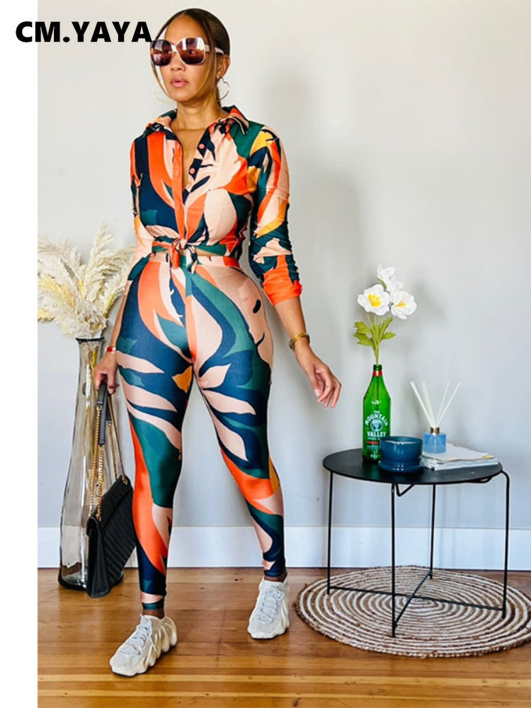 Women's Two Piece Pants CMYAYA Streetwear Leaf Printed Women Legging Suit and Long Sleeve Shirt Fashion Casual 2 Set Outfits Tracksuit 230208