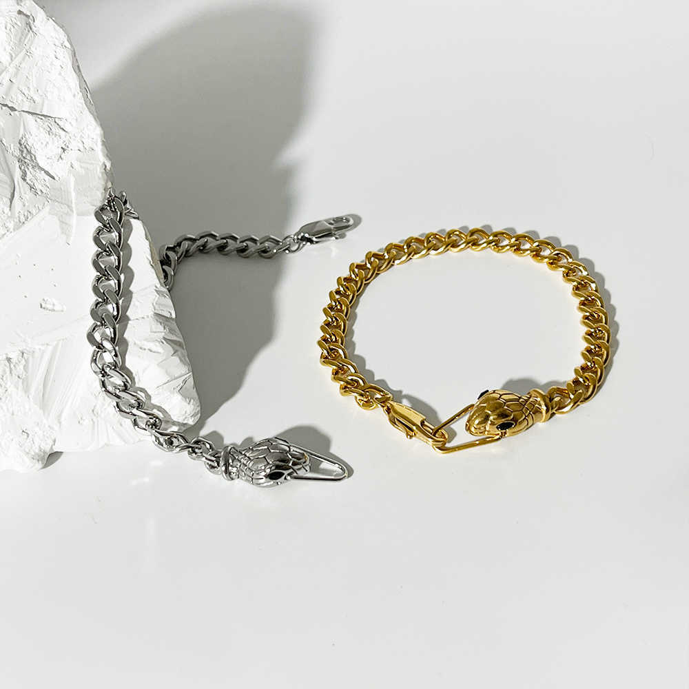 Link Chain Peri'sBox Gold Color Green Eyes Snake Head Chain Bracelet For Women Punk Hip Hop Chunky Chain Bracelet Titanium Steel Jewelry G230208