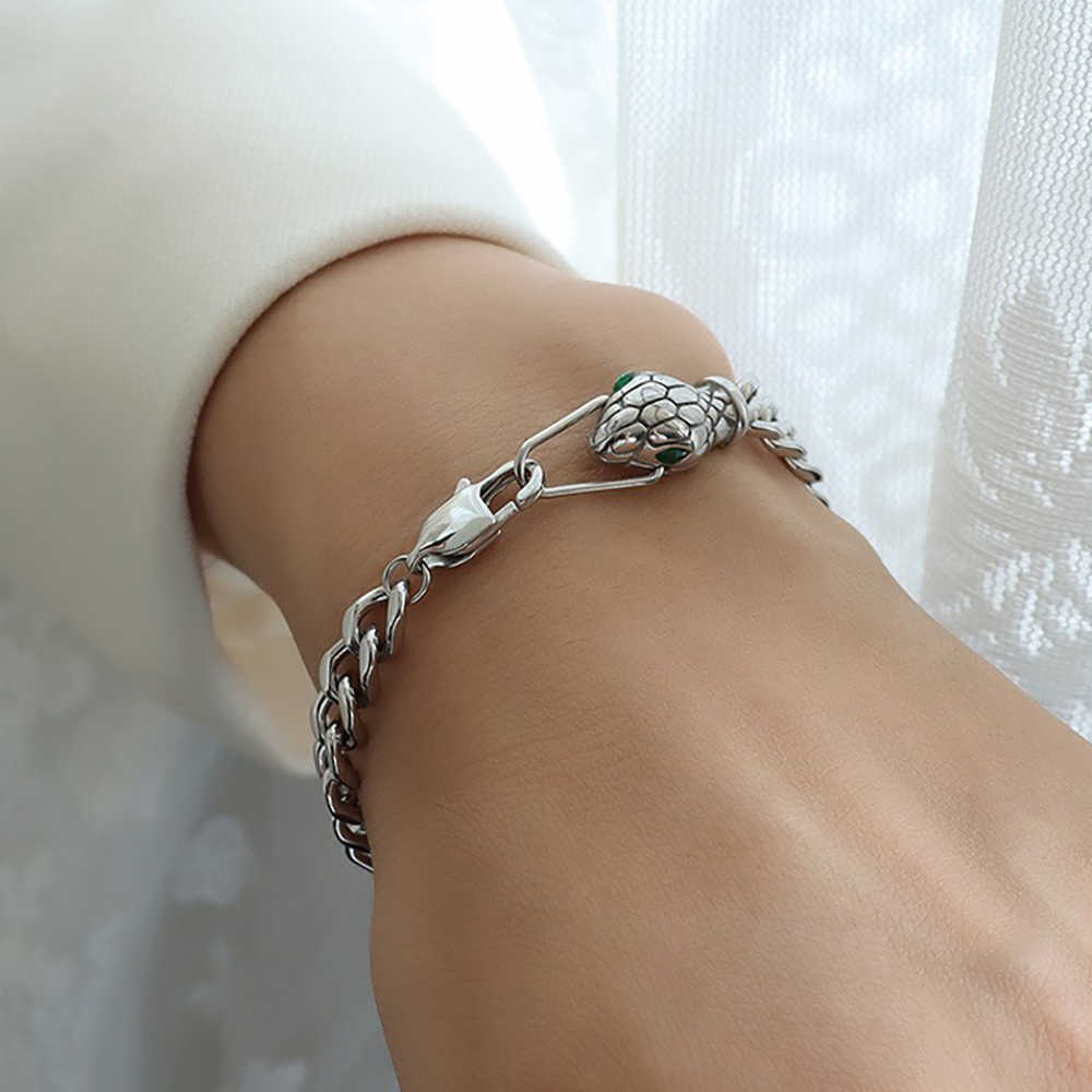 Link Chain Peri'sBox Gold Color Green Eyes Snake Head Chain Bracelet For Women Punk Hip Hop Chunky Chain Bracelet Titanium Steel Jewelry G230208