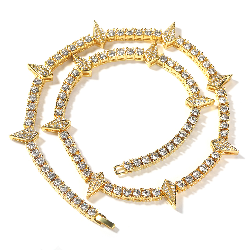 4mm Hip Hop Iced Out Spike Charm Tennis Necklace Full Rhinestone 18k Gold Color Luxury Punk Rock Hip Hop Rapper Night Club Wolf Tide Jewelry Gifts for
