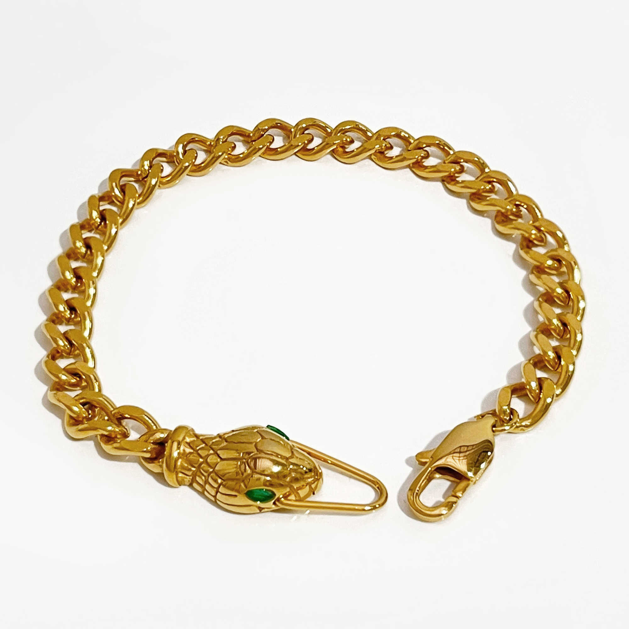 Link Chain Peri'sBox Gold Color Green Eyes Snake Head Chain Bracelet For Women Punk Hip Hop Chunky Chain Bracelet Titanium Steel Jewelry G230208
