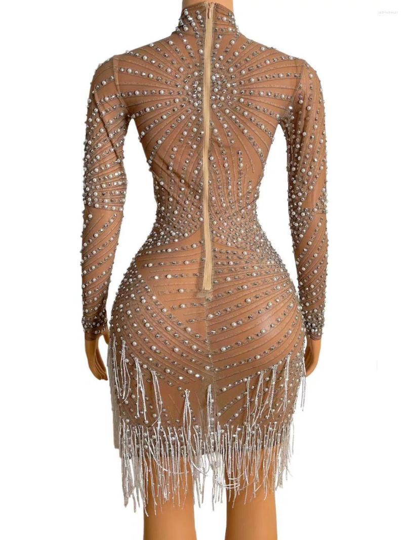 casual dresses red black rhinestones pearls fringe high neck mesh bodycon dress bar birthday celebrate women dance outfit