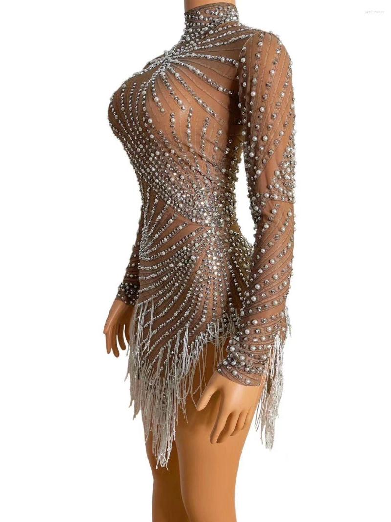 casual dresses red black rhinestones pearls fringe high neck mesh bodycon dress bar birthday celebrate women dance outfit