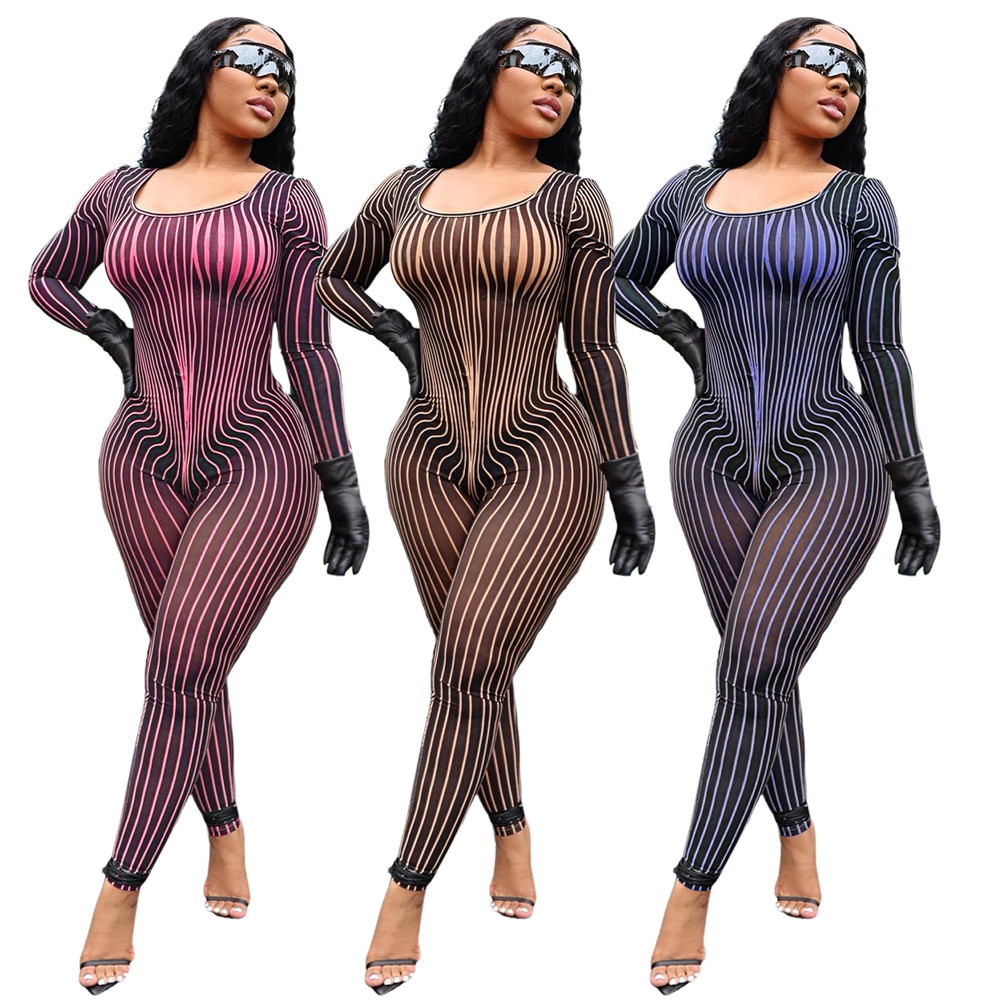 Designer Mesh Jumpsuits Women Bodycon Rompers Sexy See Through Long Sleeve Jumpsuits One Piece Outfits Spring Summer Clothes Night Club Wear Wholesale