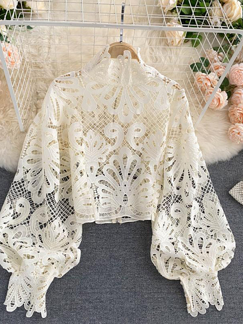 Women's Blouses Shirts Sexy Lace Hollow Out Short Blouse Casual Lantern Long Sleeve Stand Collar Shirts Female Elegant Red/Pink/White Loose Tops 