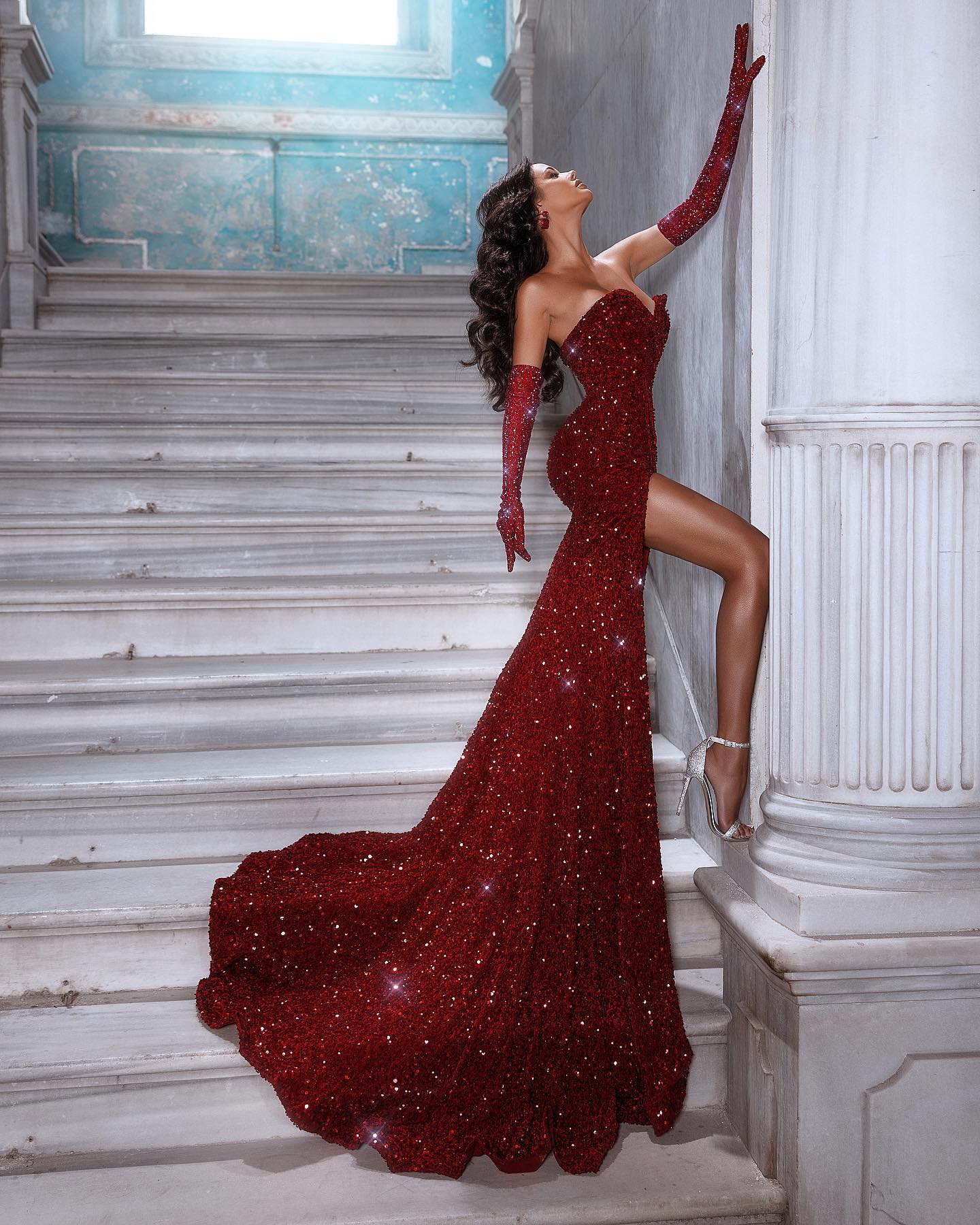 Red Sequins Mermaid Split Dresses Sweetheart Plus Size Formal Evening Ocn Gowns Prom Dress Vestidos De Noiva BC15159