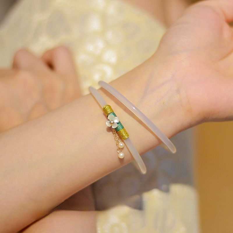Link Chain 2PCS Natural Green Jade Bangle Bracelet Charm Fashion Thin Accessories Hand-Carved Lucky Amulet Gifts G230208
