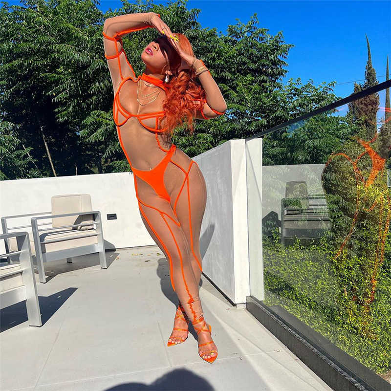 Women 2023 jumpsuits amp rompers Summer New Women's Fashion Mesh Splice Hollow Round Neck High Waist Tight Jumpsuit